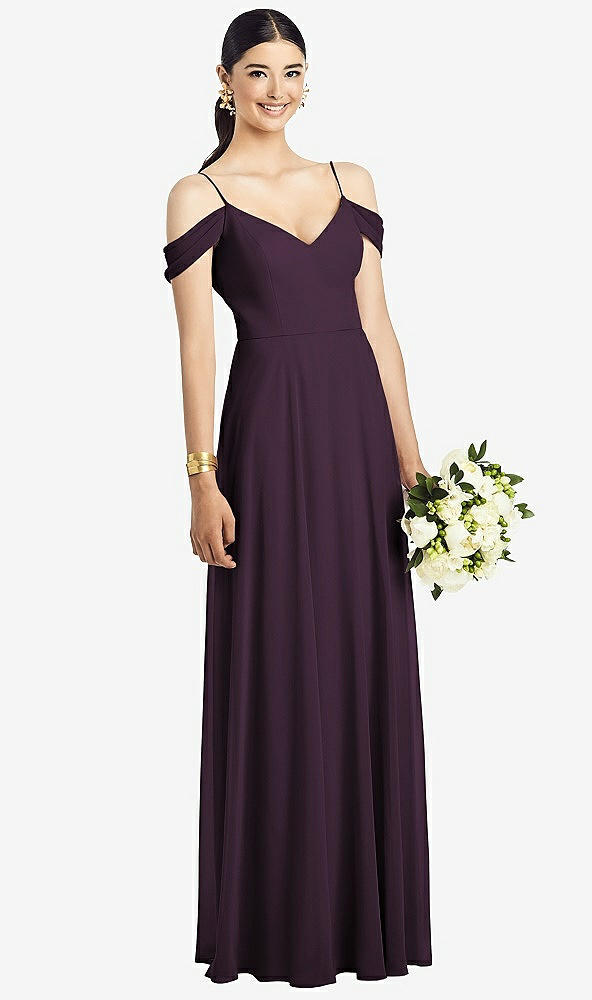 Front View - Aubergine Cold-Shoulder V-Back Chiffon Maxi Dress