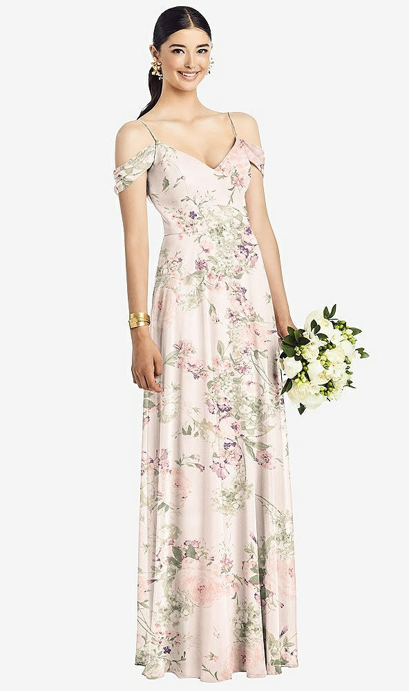 Front View - Blush Garden Cold-Shoulder V-Back Chiffon Maxi Dress