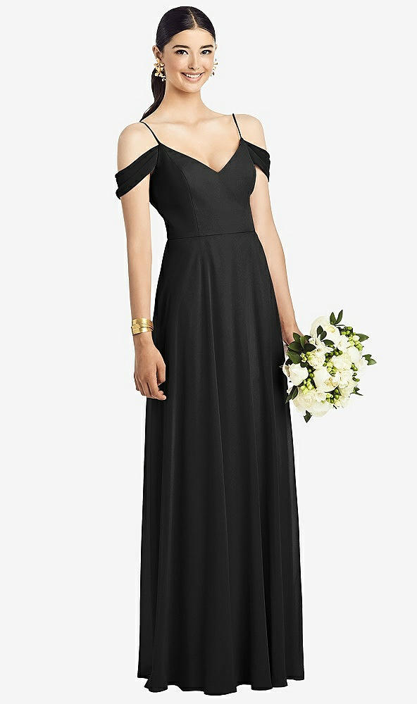 Front View - Black Cold-Shoulder V-Back Chiffon Maxi Dress