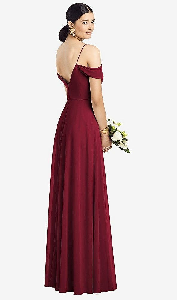 Back View - Burgundy Cold-Shoulder V-Back Chiffon Maxi Dress