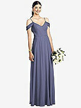 Front View Thumbnail - French Blue Cold-Shoulder V-Back Chiffon Maxi Dress