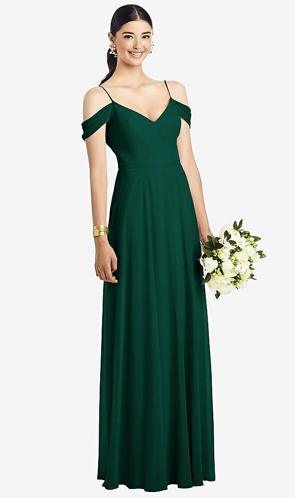 Front View - Hunter Green Cold-Shoulder V-Back Chiffon Maxi Dress