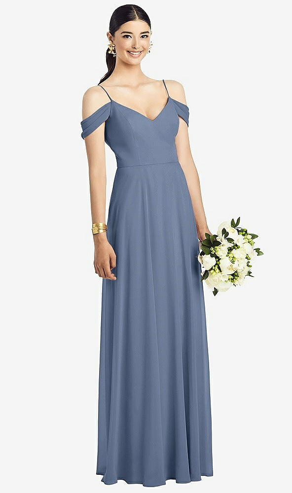 Front View - Larkspur Blue Cold-Shoulder V-Back Chiffon Maxi Dress