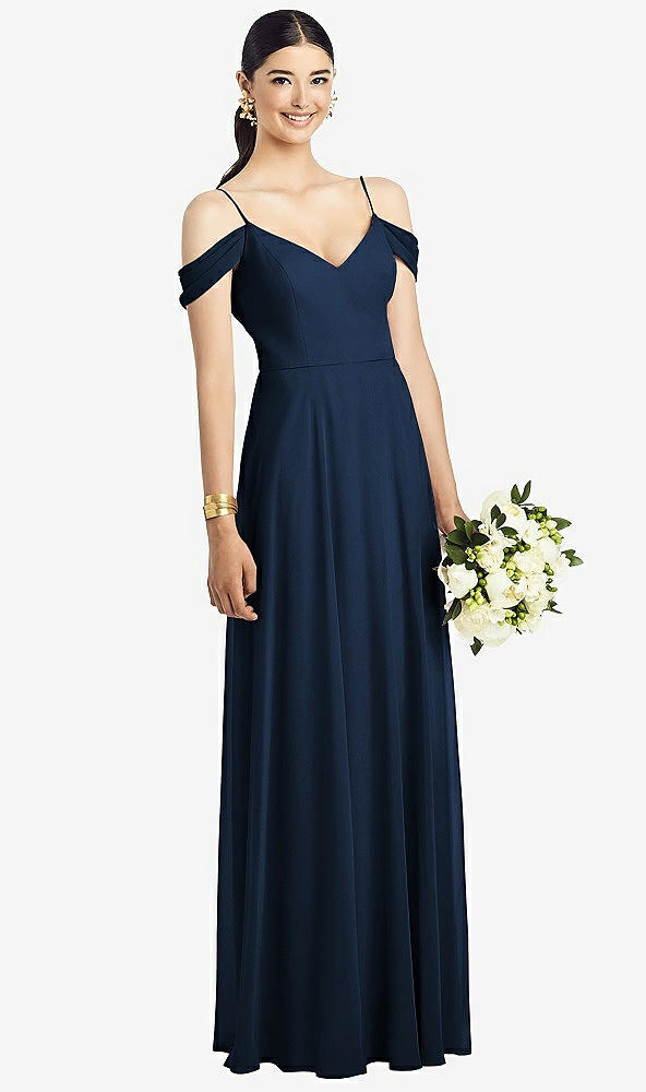 Front View - Midnight Navy Cold-Shoulder V-Back Chiffon Maxi Dress