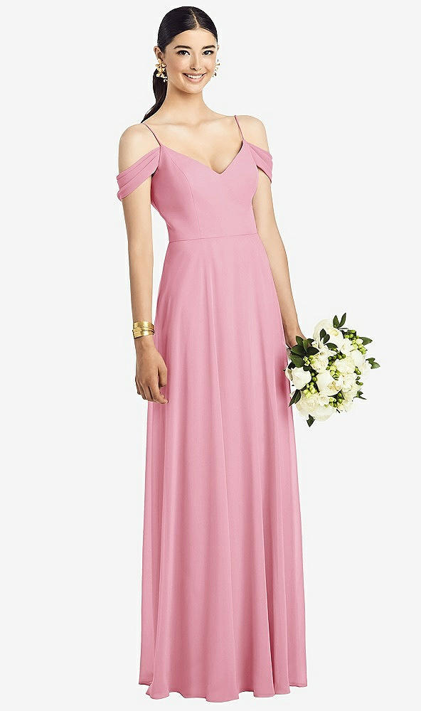 Front View - Peony Pink Cold-Shoulder V-Back Chiffon Maxi Dress