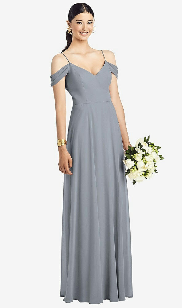 Front View - Platinum Cold-Shoulder V-Back Chiffon Maxi Dress