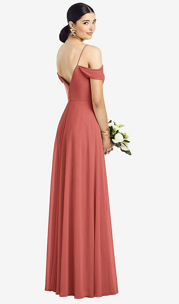 Back View - Coral Pink Cold-Shoulder V-Back Chiffon Maxi Dress