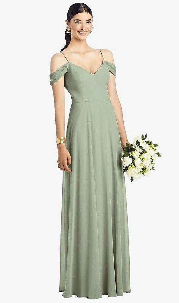 Front View - Sage Cold-Shoulder V-Back Chiffon Maxi Dress