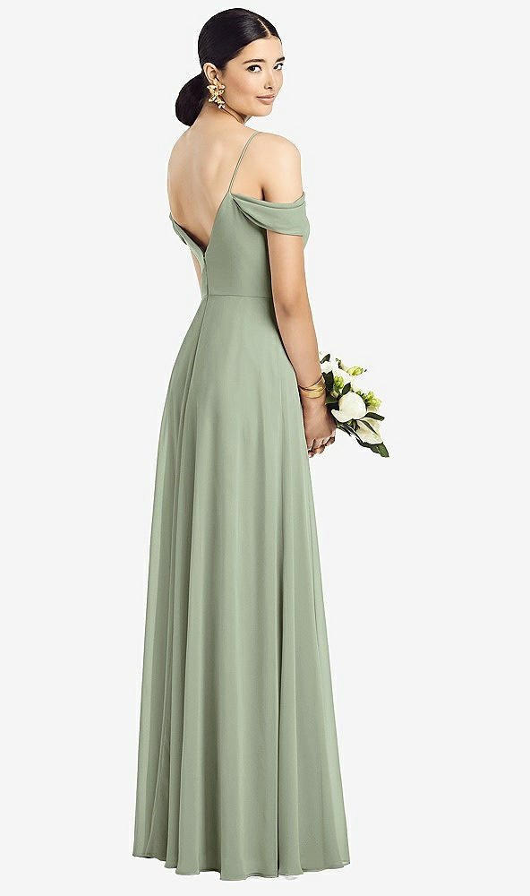 Back View - Sage Cold-Shoulder V-Back Chiffon Maxi Dress