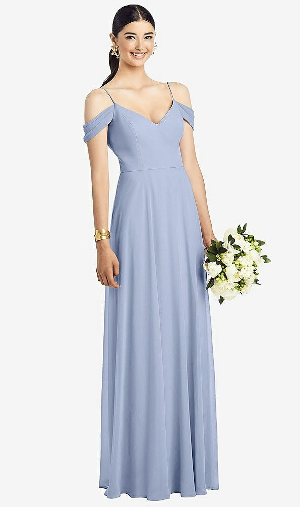 Front View - Sky Blue Cold-Shoulder V-Back Chiffon Maxi Dress