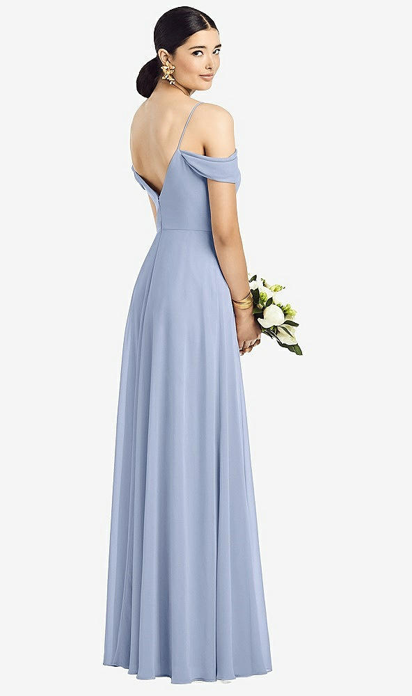 Back View - Sky Blue Cold-Shoulder V-Back Chiffon Maxi Dress