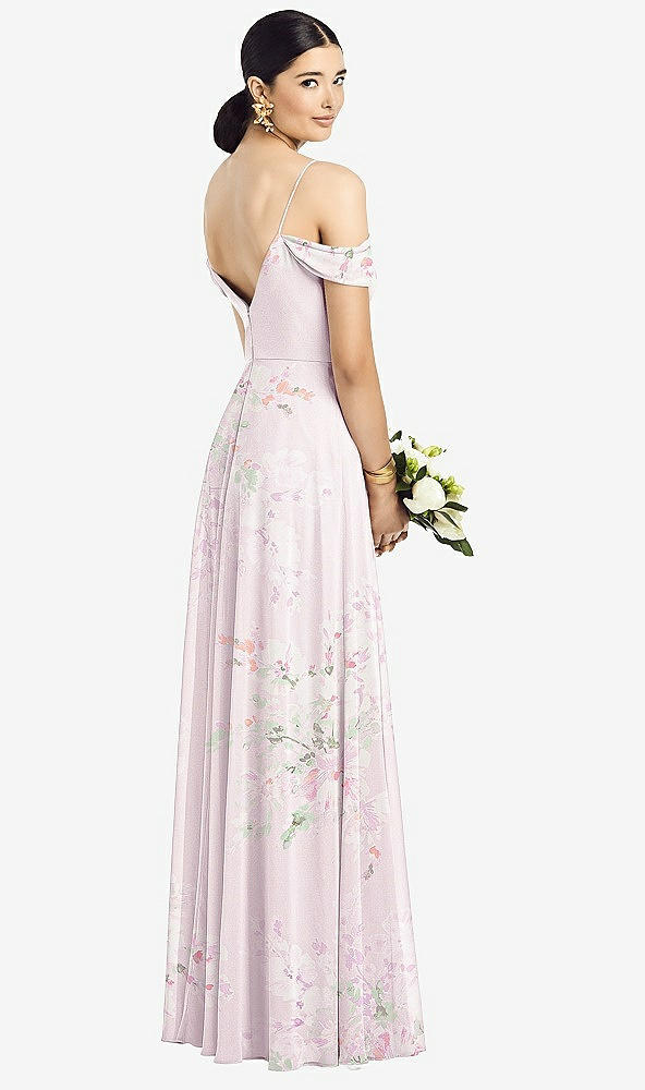 Back View - Watercolor Print Cold-Shoulder V-Back Chiffon Maxi Dress