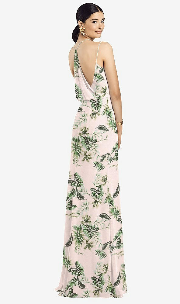 Front View - Palm Beach Print Draped Blouson Back Chiffon Maxi Dress