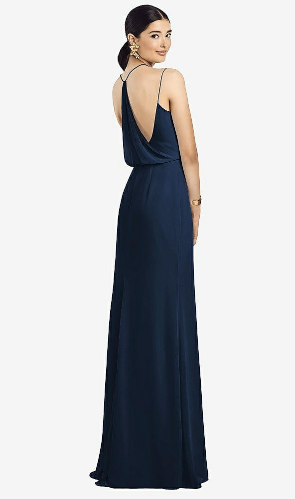 Front View - Midnight Navy Draped Blouson Back Chiffon Maxi Dress