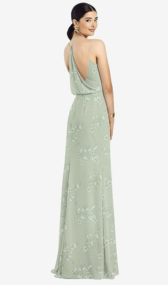 Front View - Vintage Primrose Sage Draped Blouson Back Chiffon Maxi Dress