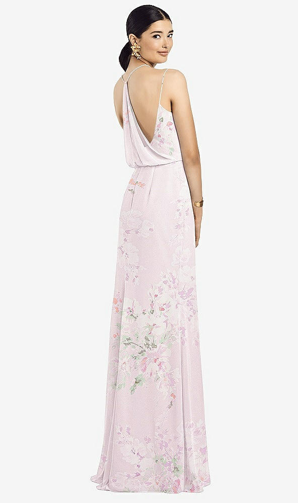 Front View - Watercolor Print Draped Blouson Back Chiffon Maxi Dress