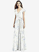 Front View Thumbnail - Bleu Garden Flutter Sleeve Faux Wrap Chiffon Dress