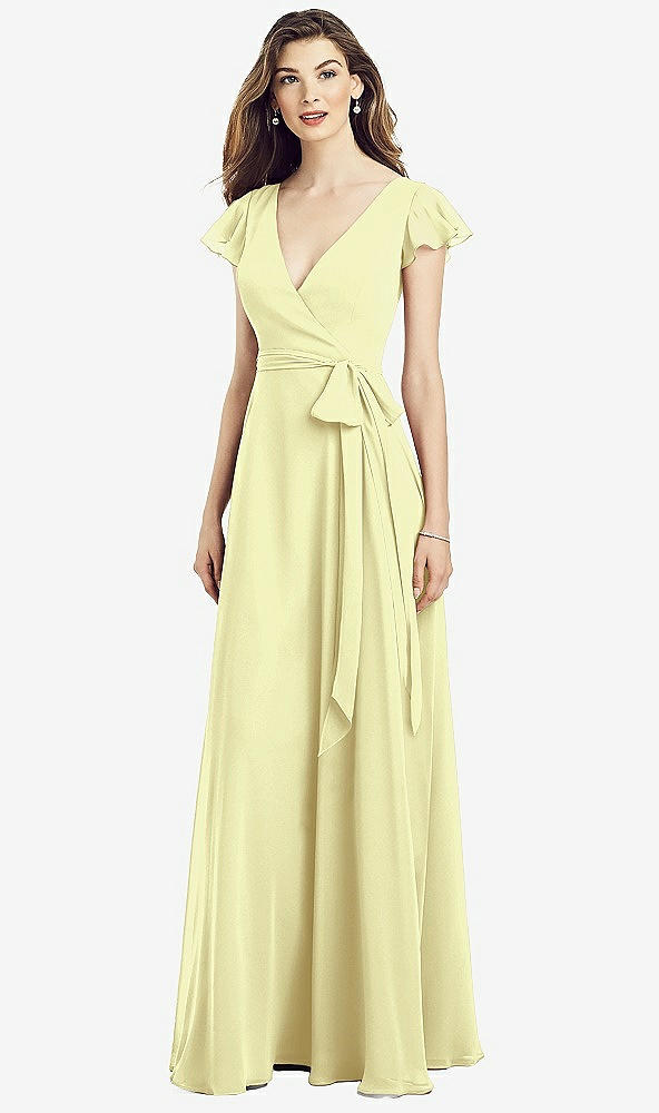 Front View - Butter Yellow Flutter Sleeve Faux Wrap Chiffon Dress