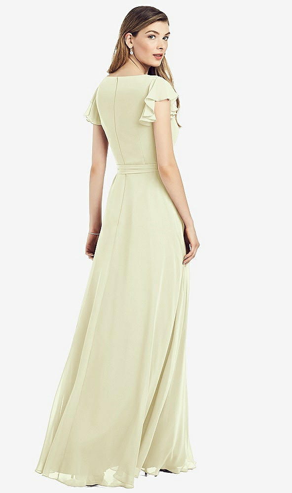 Back View - Butter Yellow Flutter Sleeve Faux Wrap Chiffon Dress