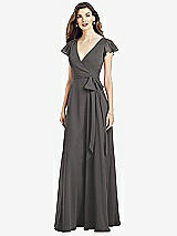 Front View Thumbnail - Caviar Gray Flutter Sleeve Faux Wrap Chiffon Dress