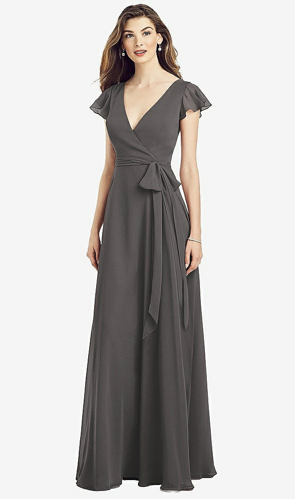 Front View - Caviar Gray Flutter Sleeve Faux Wrap Chiffon Dress