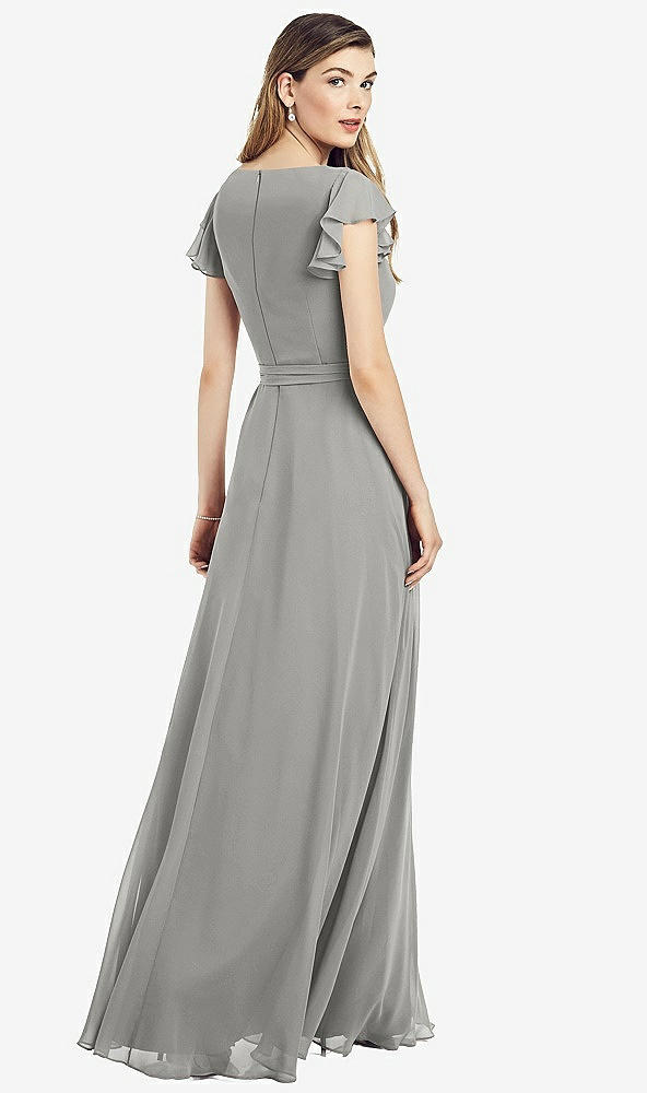 Back View - Chelsea Gray Flutter Sleeve Faux Wrap Chiffon Dress