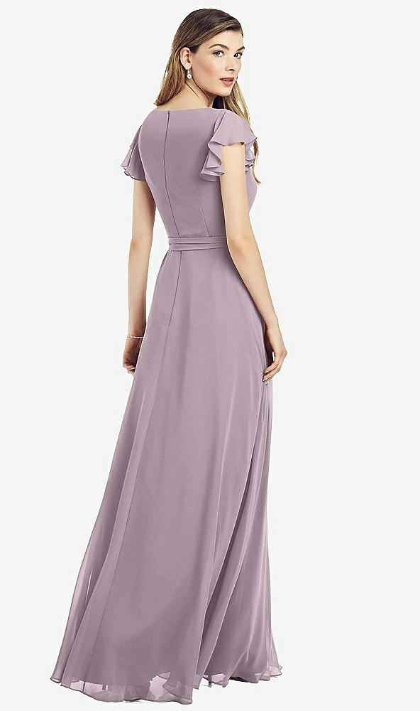 Back View - Lilac Dusk Flutter Sleeve Faux Wrap Chiffon Dress