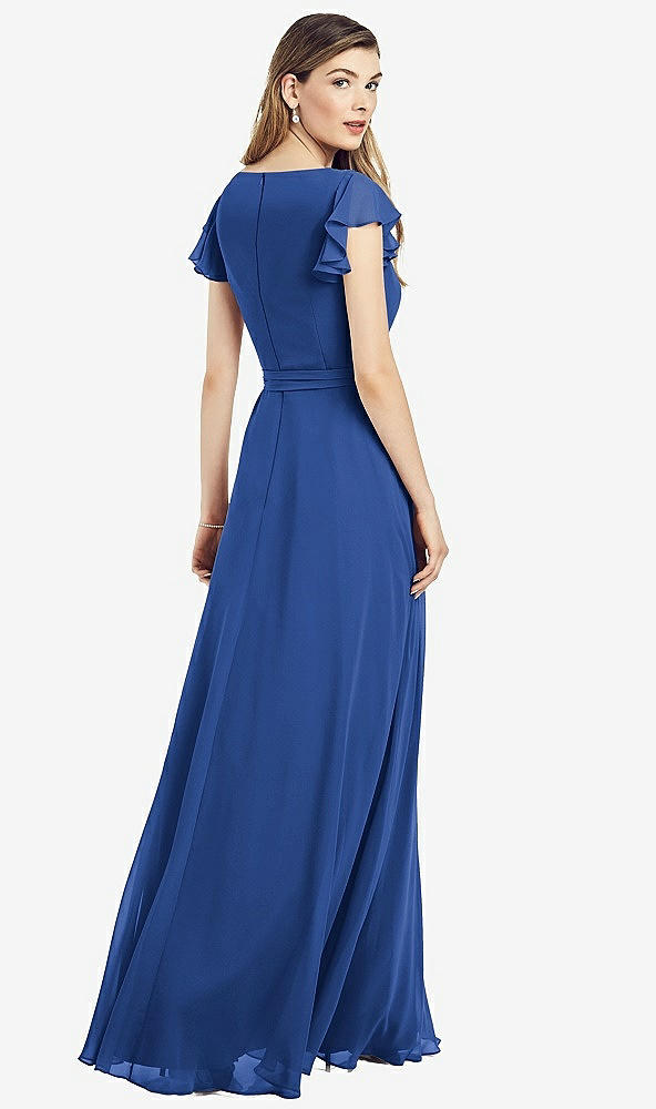 Back View - Classic Blue Flutter Sleeve Faux Wrap Chiffon Dress