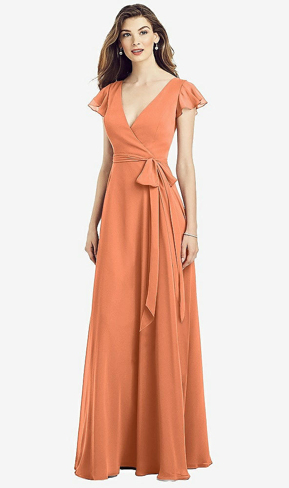 Front View - Sweet Melon Flutter Sleeve Faux Wrap Chiffon Dress