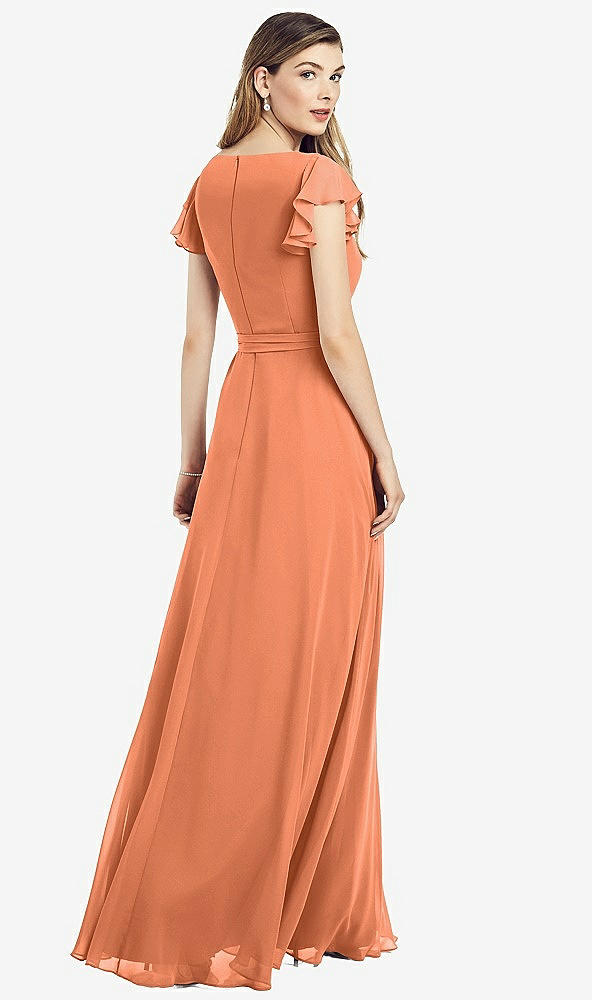 Back View - Sweet Melon Flutter Sleeve Faux Wrap Chiffon Dress