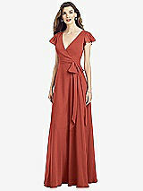 Front View Thumbnail - Amber Sunset Flutter Sleeve Faux Wrap Chiffon Dress