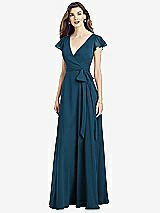 Front View Thumbnail - Atlantic Blue Flutter Sleeve Faux Wrap Chiffon Dress