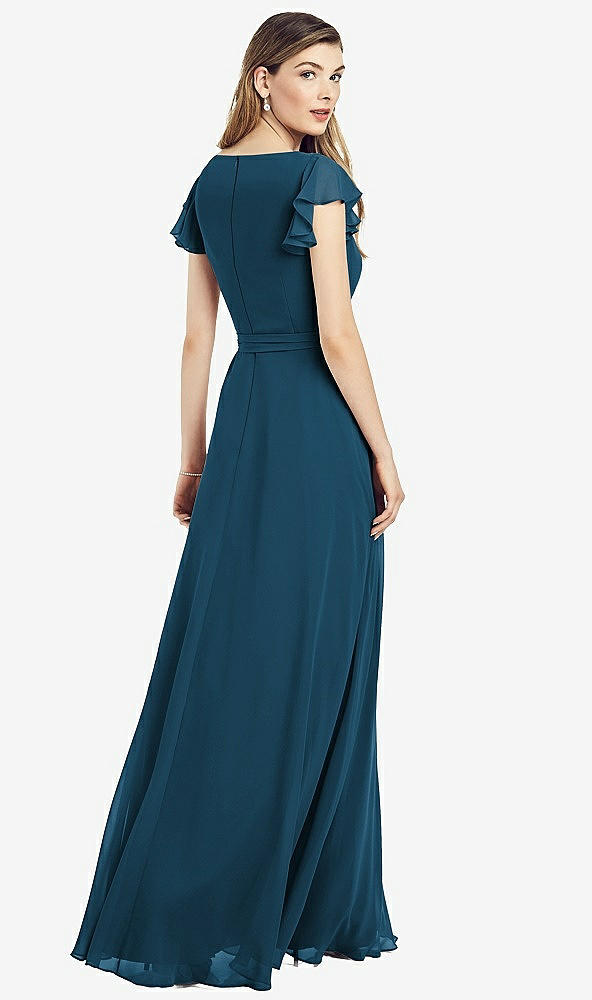 Back View - Atlantic Blue Flutter Sleeve Faux Wrap Chiffon Dress