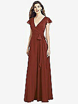 Front View Thumbnail - Auburn Moon Flutter Sleeve Faux Wrap Chiffon Dress