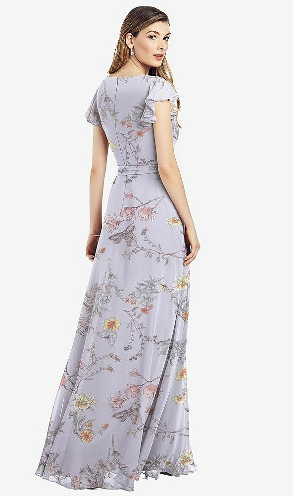 Back View - Butterfly Botanica Silver Dove Flutter Sleeve Faux Wrap Chiffon Dress