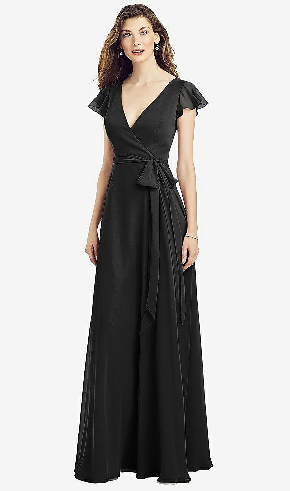 Front View - Black Flutter Sleeve Faux Wrap Chiffon Dress