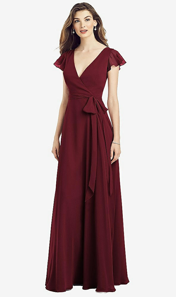 Front View - Cabernet Flutter Sleeve Faux Wrap Chiffon Dress