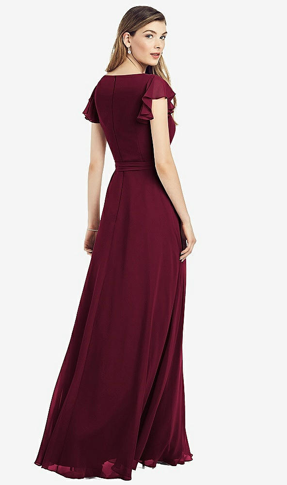 Back View - Cabernet Flutter Sleeve Faux Wrap Chiffon Dress