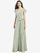 Front View Thumbnail - Celadon Flutter Sleeve Faux Wrap Chiffon Dress