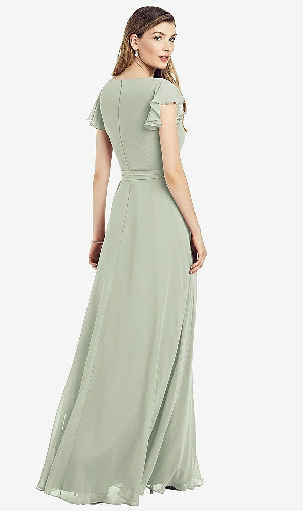 Back View - Celadon Flutter Sleeve Faux Wrap Chiffon Dress