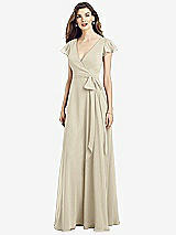 Front View Thumbnail - Champagne Flutter Sleeve Faux Wrap Chiffon Dress