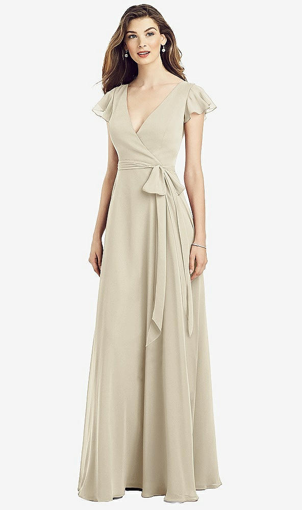 Front View - Champagne Flutter Sleeve Faux Wrap Chiffon Dress