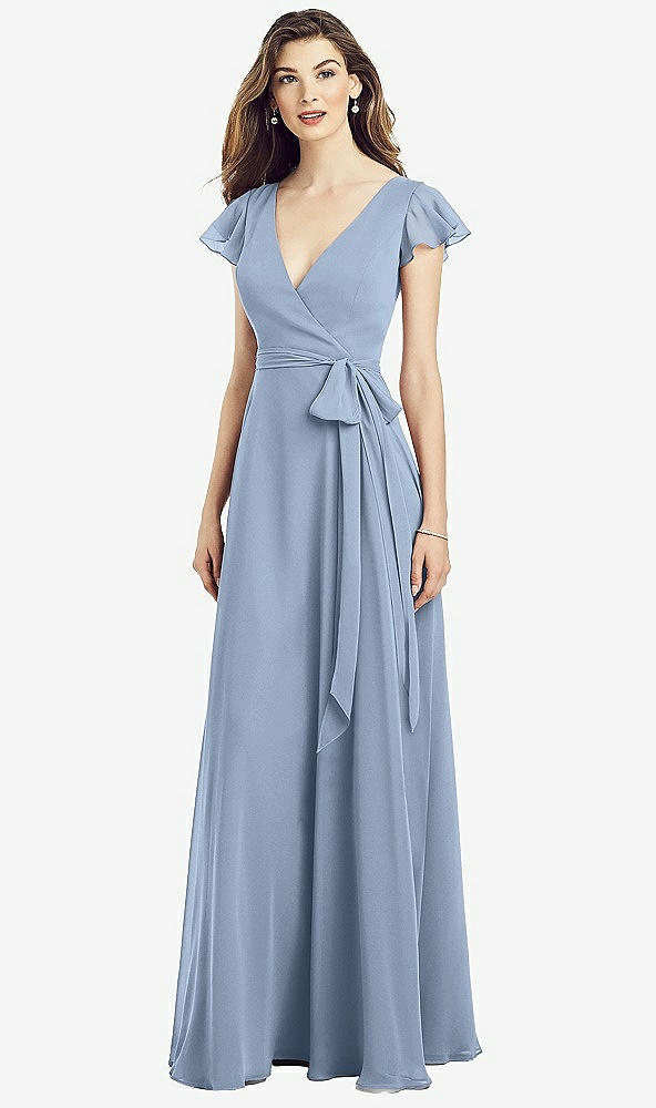 Front View - Cloudy Flutter Sleeve Faux Wrap Chiffon Dress