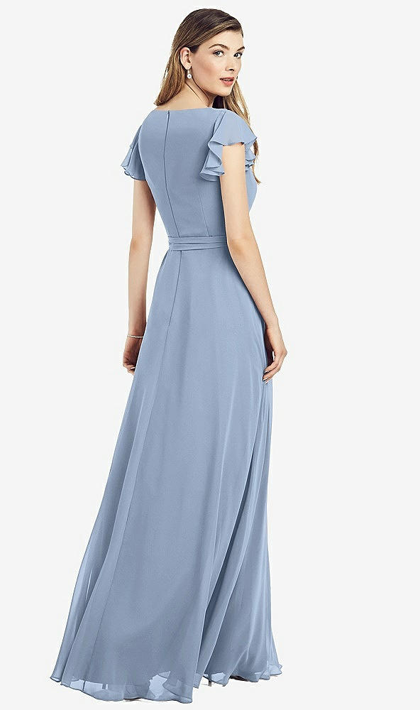 Back View - Cloudy Flutter Sleeve Faux Wrap Chiffon Dress