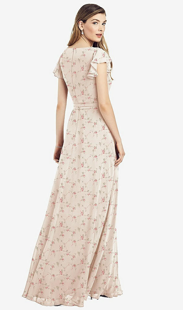 Back View - Coquette Floral Print Flutter Sleeve Faux Wrap Chiffon Dress