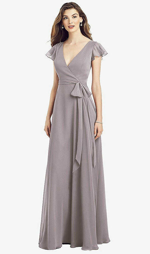 Front View - Cashmere Gray Flutter Sleeve Faux Wrap Chiffon Dress