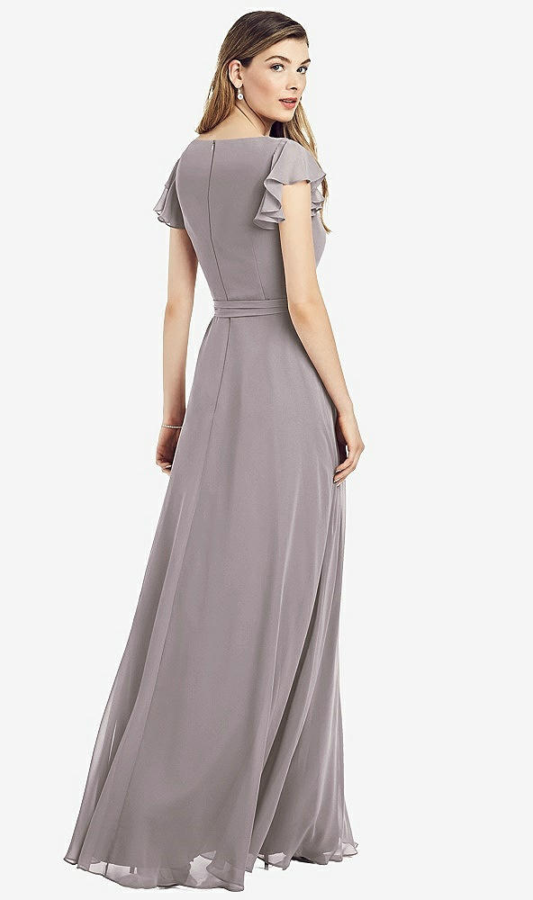 Back View - Cashmere Gray Flutter Sleeve Faux Wrap Chiffon Dress