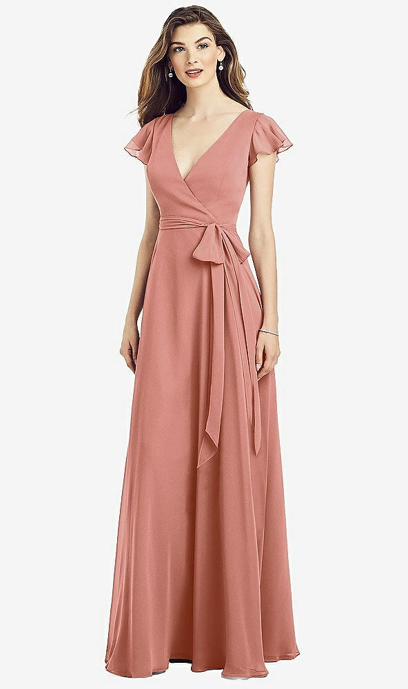 Front View - Desert Rose Flutter Sleeve Faux Wrap Chiffon Dress