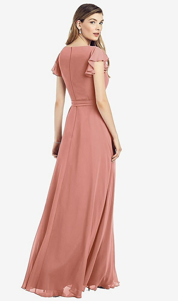 Back View - Desert Rose Flutter Sleeve Faux Wrap Chiffon Dress