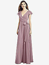 Front View Thumbnail - Dusty Rose Flutter Sleeve Faux Wrap Chiffon Dress